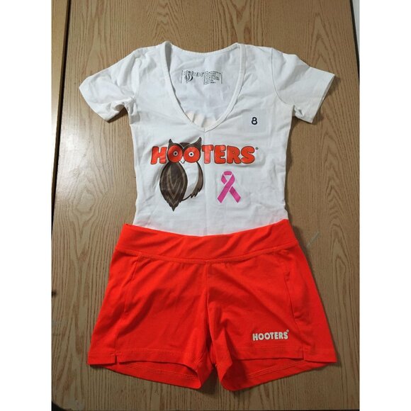 B91 #8 VERY RARE!! Hooters Girl Worn Uniform Short Sleeve Pink Ribbon Xs/Xxs - Picture 1 of 5